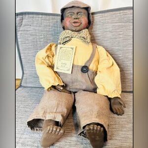Vintage Style Doll with Yellow Shirt and Brown Overalls